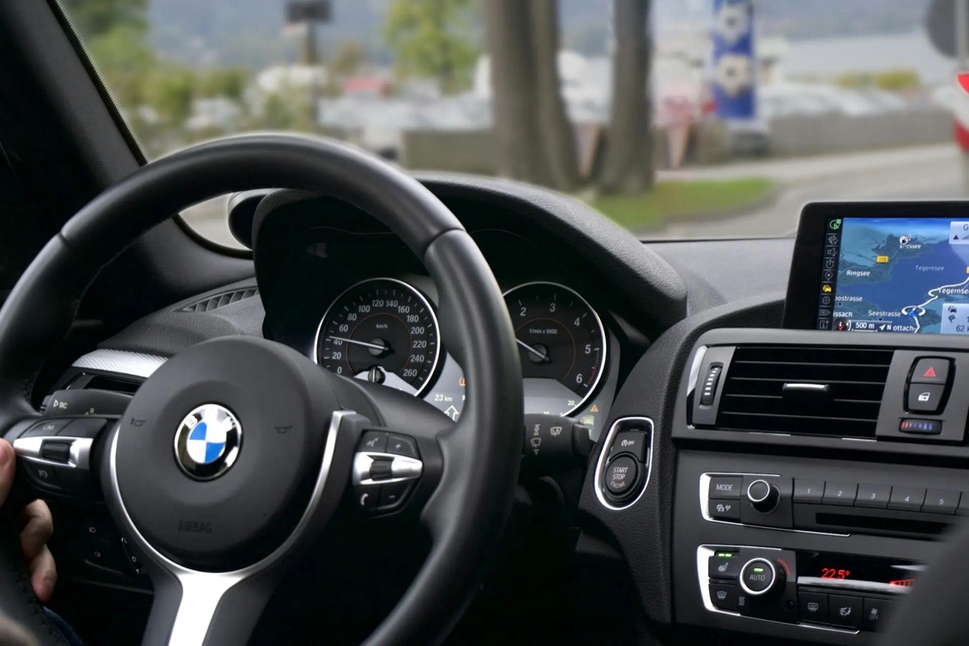Clean driver's cockpit with steering wheel and dashboard